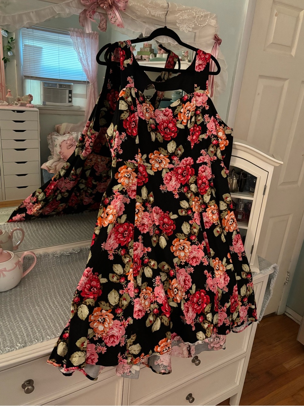 Floral Black Sundress with Pink & Orange Roses